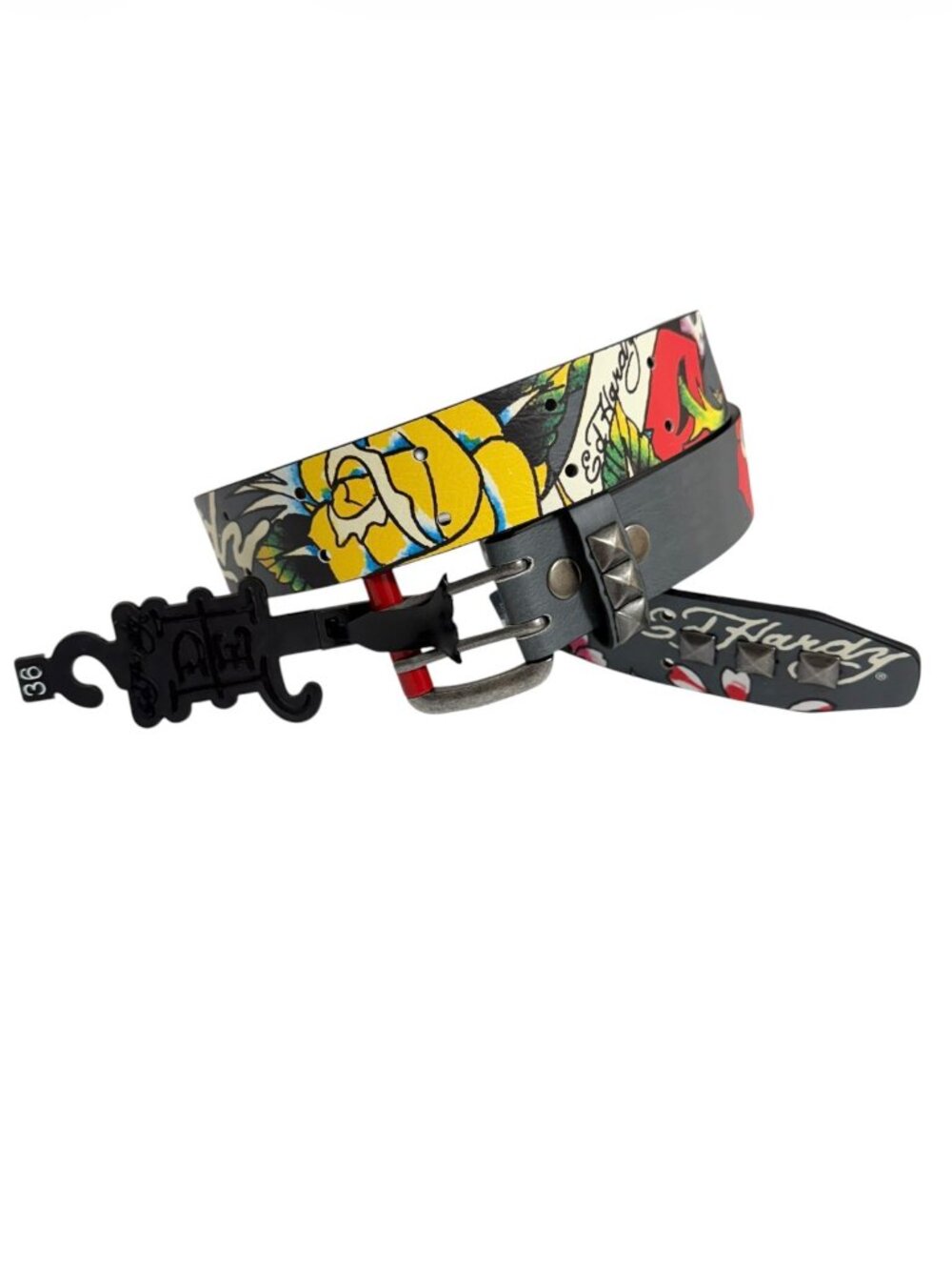 NWT Ed Hardy Studded Dark Gray Graphic Belt Y2K Mens Size 36